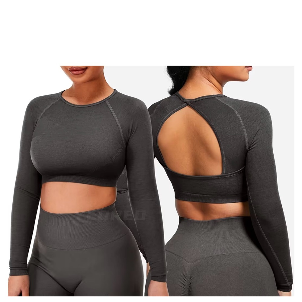 Charcoal Long Sleeve Open Back Crop Top NWOT